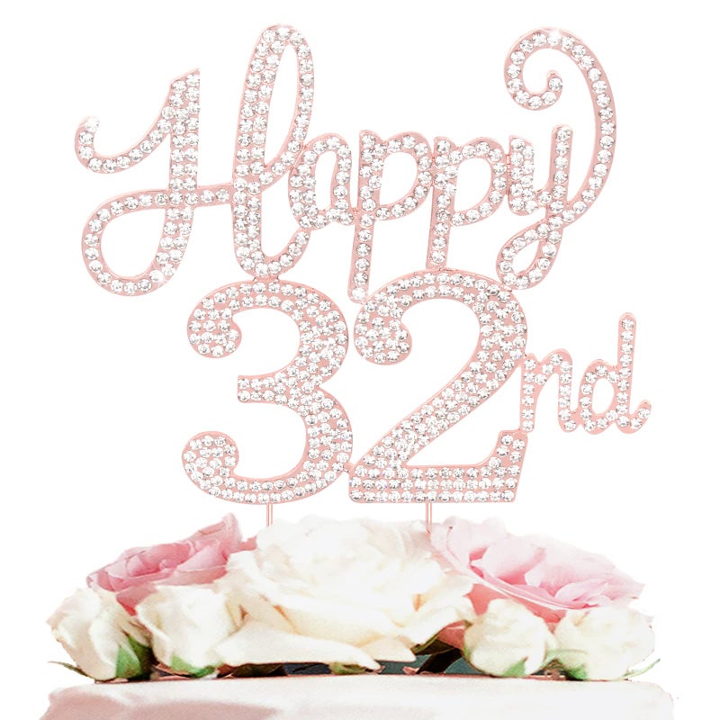 LASKYER Happy 32nd Birthday Rose Gold Rhinestone Cake Topper - 32nd Birthday/Anniversary,Cheers to 32 Years Old Bday Party Metal Sparkly Centerpieces Decorations. - Image 1
